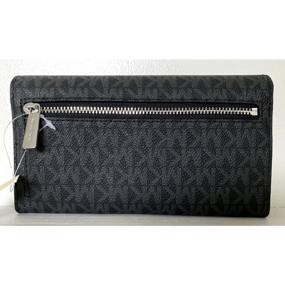 New Michael Kors Jet Set Travel Large Trifold wallet PVC Black with Silver - Picture 4 of 4